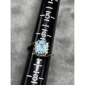 Vintage 14K Yellow Gold Plated Lab Created Aquamarine Engagement Ring Cz Size 7